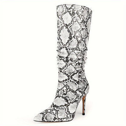 Women's Snakeskin Knee High Boots: Exquisite Pointed Toe, Fine High Heels, Pleated Design