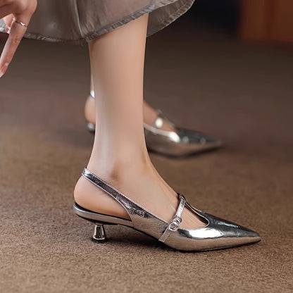 Women's Metallic Pointed-Toe Pumps - Mid-Height Heels with Faux Cover Upper & PVC Sole, Versatile for Work or Casual Wear