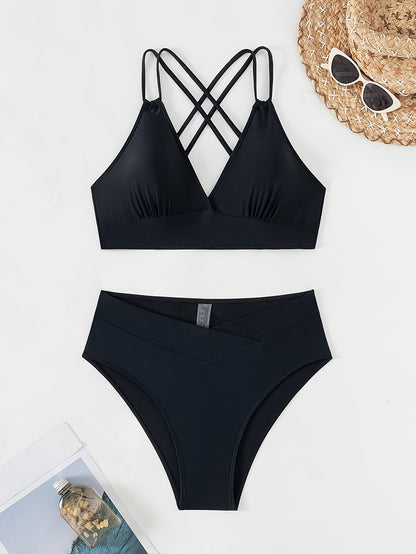 Elegant & Chic Criss-Cross V-Neck Bikini Set in Solid Color - Stretchy, Comfortable, and Stylish Swimwear