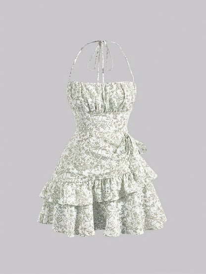 Women's Floral Print Halter Neck Dress - Pink & White Tiered Ruffled Skirt, Lightweight Summer Dress with Zipper Back, Machine Washable for Beach Vacations & Casual Outings, Beach Dress