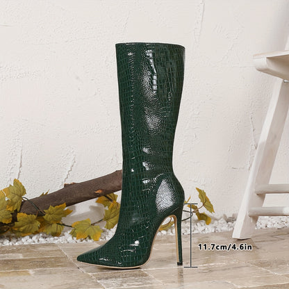 1pr Elegant Crocodile Pattern Knee-High Boots for Women - All-Season Zippered Stiletto Heels with Pointed Toe, Polyurethane Upper, Fabric Lining, Rubber Sole - Fashionable Western Style Casual Boots