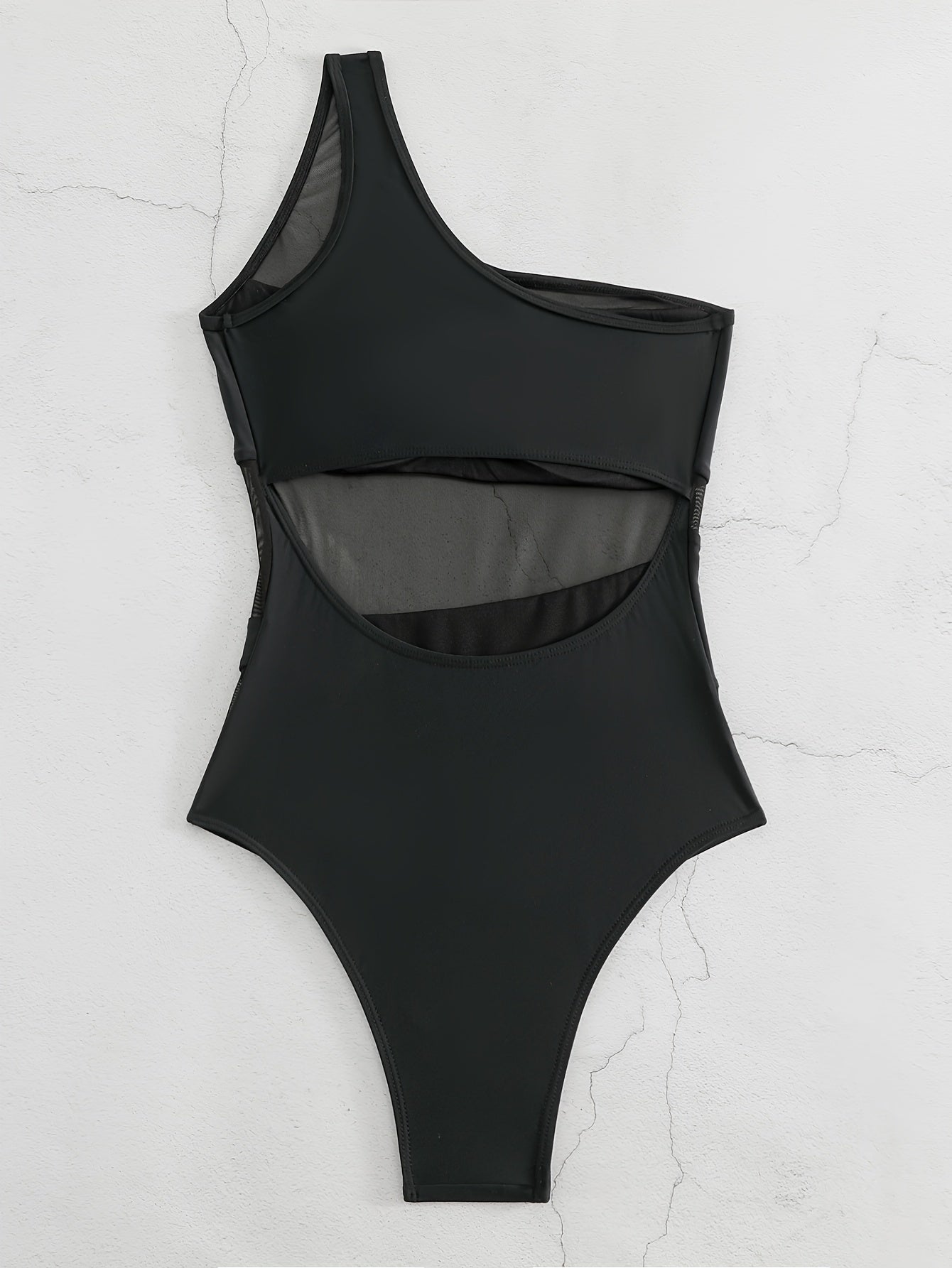 Elegant Black Mesh Contrast One-Shoulder Swimsuit | Sexy Push-Up Swimwear with High Stretch and Removable Pads