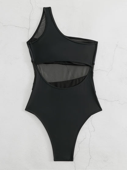 Elegant Black Mesh Contrast One-Shoulder Swimsuit | Sexy Push-Up Swimwear with High Stretch and Removable Pads