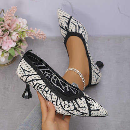 Women'S Embroidered Pointed Toe Pumps, Breathable Knit Fabric Dress Shoes, Fashion Stiletto High Heels with PU Sole for All Seasons
