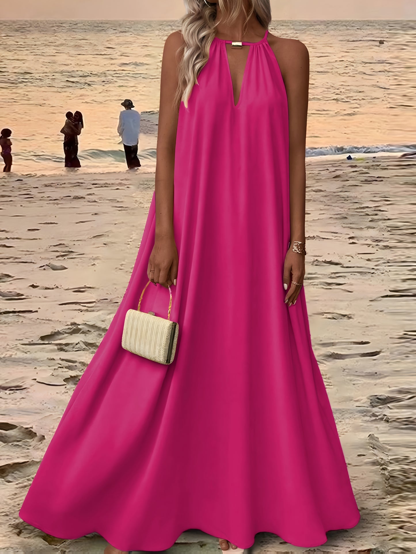 Women'S Sleeveless Halter Neck Maxi Dress - Elegant Purple, Solid Color, Backless Design for Beach & Vacation, Polyester, Summer Dress|Backless Dress|Polyester Dres