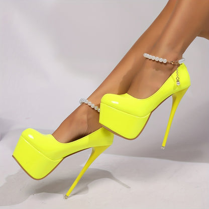 Women's Pink Platform Pumps with Faux Pearl Ankle Straps - Stylish & Comfortable High Heels for Casual Attire, Elegant Round Toe Design, Everyday High Heels | Chic Stiletto Heels | Synthetic Cover Shoes