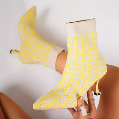 Women'S Elegant Houndstooth Sock Booties, Pointed Toe Stiletto High Heels, Slip-on Dress Boots for All Seasons, Comfortable Dress Footwear for Parties and Banquets