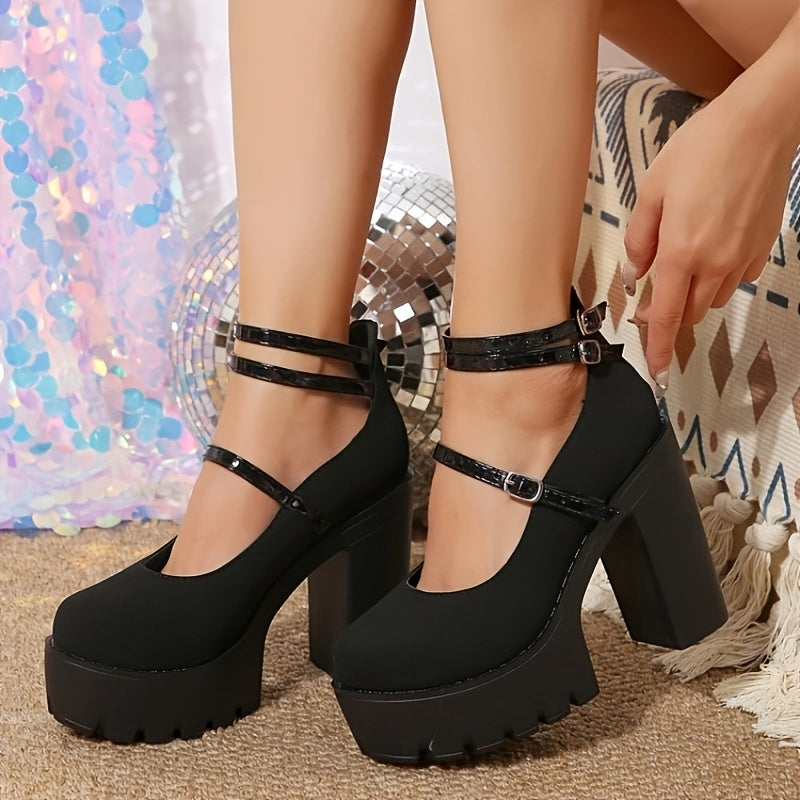 Women's Black Platform Block Heel Pumps with Ankle Straps - Round Toe, Faux Cover, Chunky Rubber Sole, All-Season Fashion Shoes, Casual Chic Heels | Elegant Ankle Straps | Faux Cover Shoes
