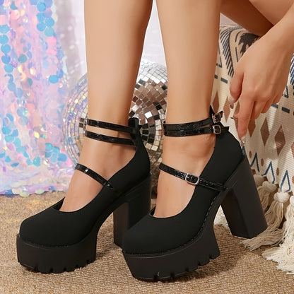 Women's Black Platform Block Heel Pumps with Ankle Straps - Round Toe, Faux Cover, Chunky Rubber Sole, All-Season Fashion Shoes, Casual Chic Heels | Elegant Ankle Straps | Faux Cover Shoes