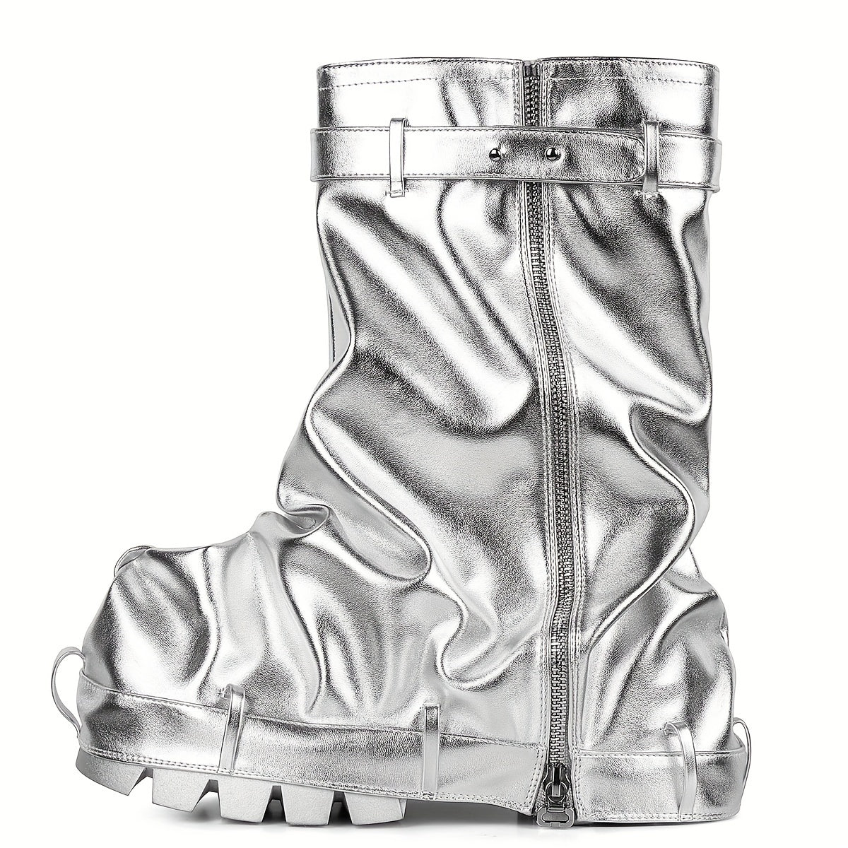 [Metallic Chunky High Heels] Metallic Chunky High Heels Mid-Calf Boots - Stylish Folding Women's Boots - Thick Sole Punk Gothic Motorcycle Shoes