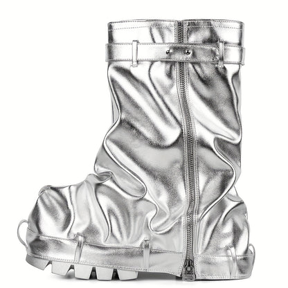 [Metallic Chunky High Heels] Metallic Chunky High Heels Mid-Calf Boots - Stylish Folding Women's Boots - Thick Sole Punk Gothic Motorcycle Shoes