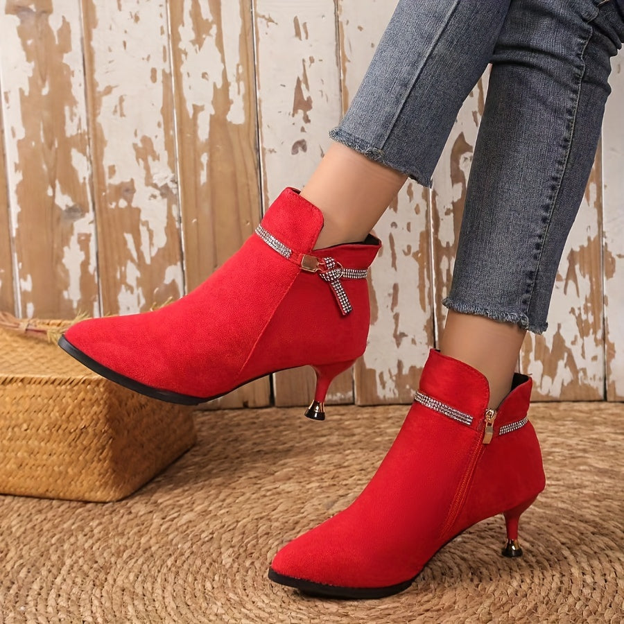 [Metal Buckle Ankle Boots] Velour Thick Pointed Mid-Heels Metal Buckle Ankle Boots - Autumn and Winter Fashion Women's Boots