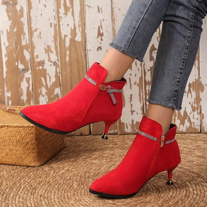 [Metal Buckle Ankle Boots] Velour Thick Pointed Mid-Heels Metal Buckle Ankle Boots - Autumn and Winter Fashion Women's Boots