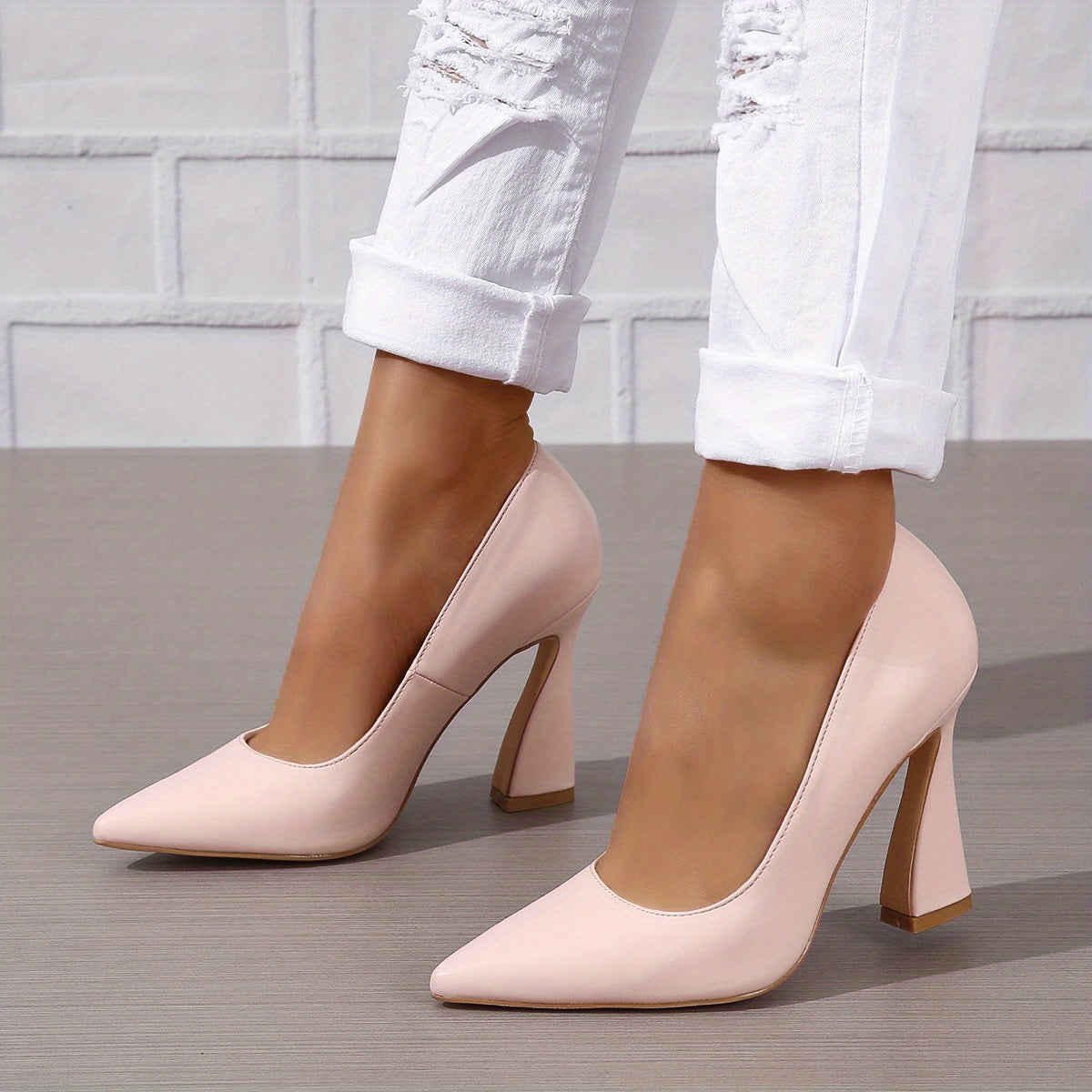Women's Pointed Toe High Heels, Solid Color Slip On Chunky Flared Heels, Stylish Office Work Pumps