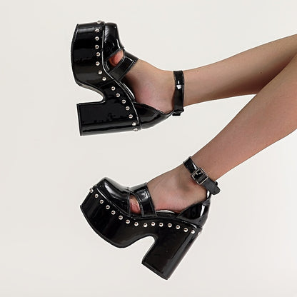 Summer Women'S with Thick Heels, Waterproof Platform, Rivet Design, Open-Toe, And Hollow Strap in Larger Sizes.