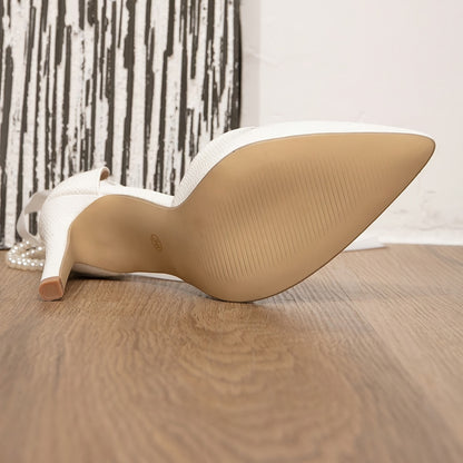 Elegant Women's White Stiletto Heels with Faux Pearl Ankle Strap - Pointed Toe, Non-Slip Sole for All Seasons - For Women - Suitable for Parties, Weddings & Formal Occasions - Perfect Gift for Her