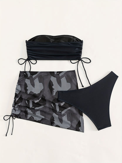 Black Solid Color Bikini Three-Piece Set with a Drawstring Sheer Skirt for Women