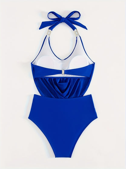Chic High-Waist Halter Bikini Set: Flattering V-Neck Design, Stretchy Frill Detail, Non-Sheer - Women's Elegant Swimwear
