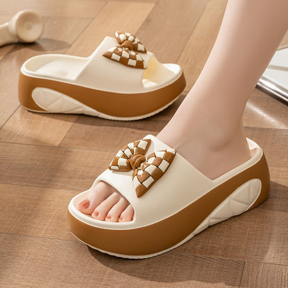 [Chic Summer Sandals] Non-Slip Thick Sole Summer Women's Slide Sandals - Chic EVA Wedge Heels with Bow Detail, Versatile Solid Color
