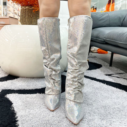Metallic Fishnet Overlay Boots Knee High Boots Women Fold Over Knee High Boots Chunky High Heels Long Boots Zipper Pointed Toe Dress Tall Boots For Women