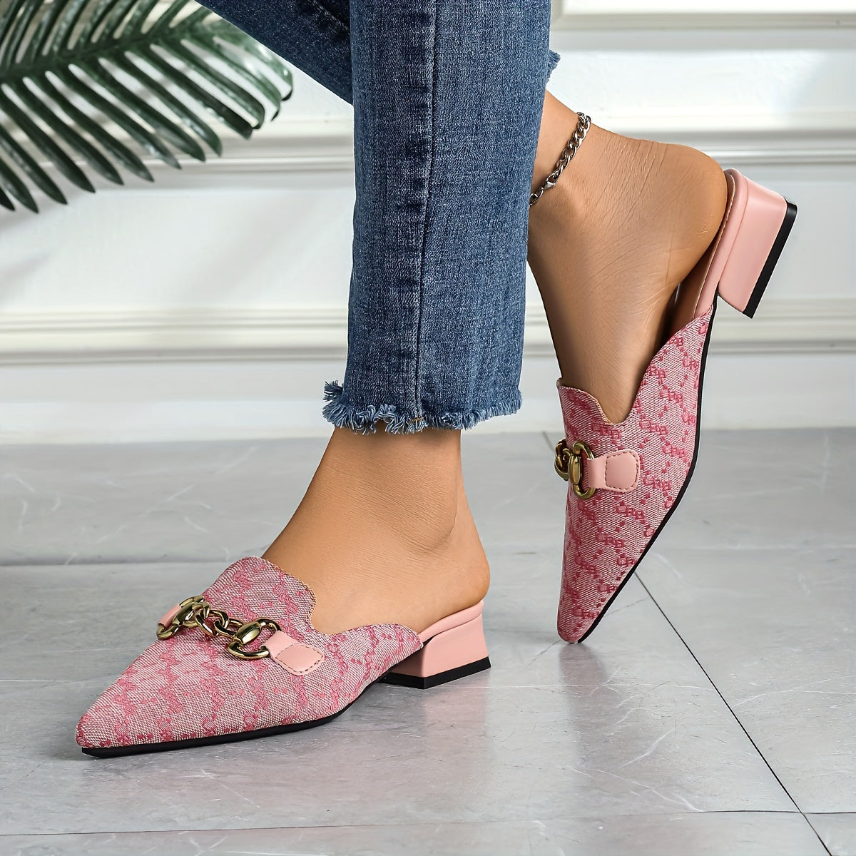 Women's Chain Decor Chunky Heel Sandals, Fashion Pointed Toe Dress Pumps, Stylish Slip On Heels