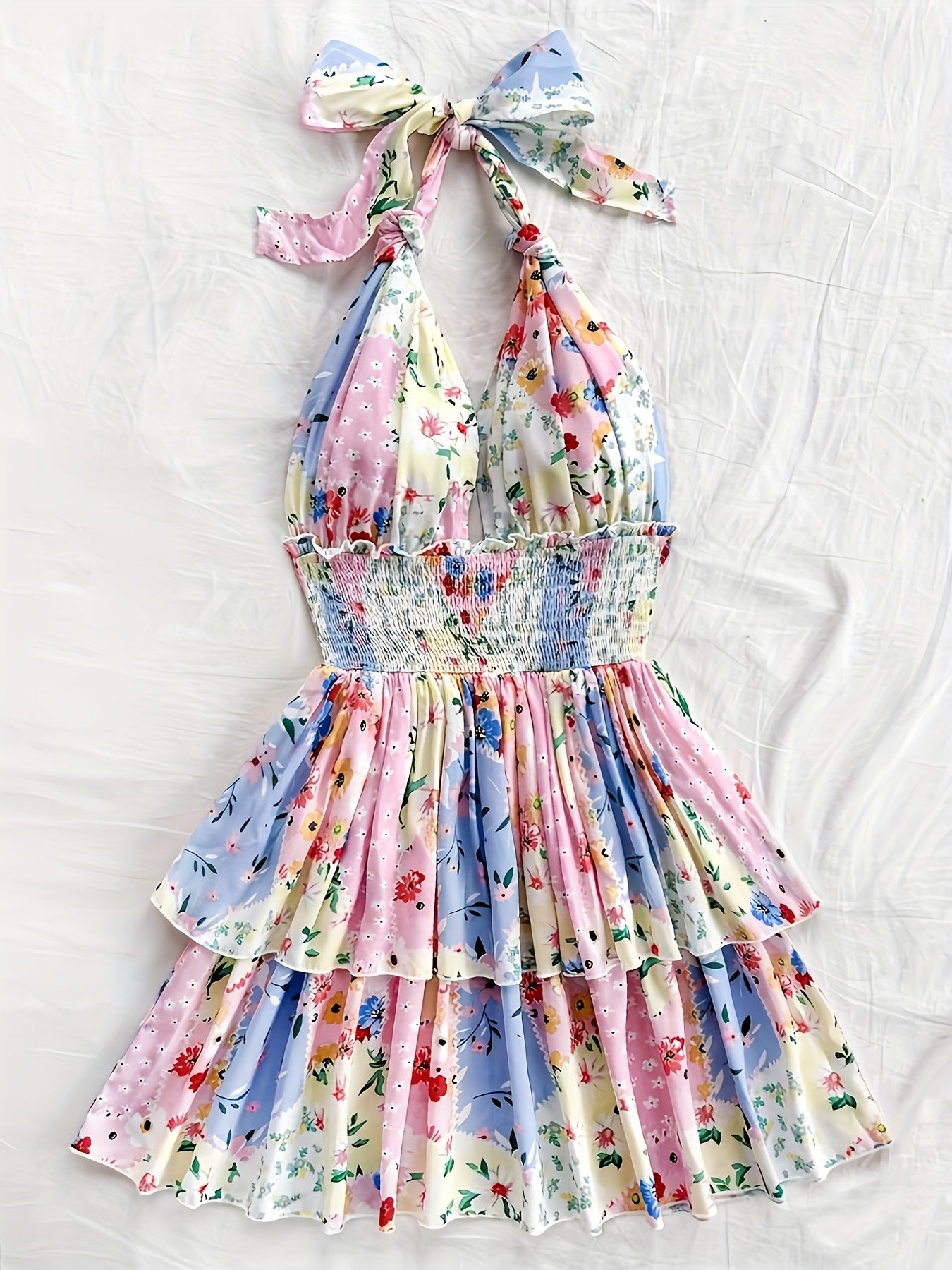 Women's Floral Print Halter Neck Dress - Lightweight Summer Dress with Ruching Detail, Machine Washable, Vibrant Spring/Summer Casual Beachwear