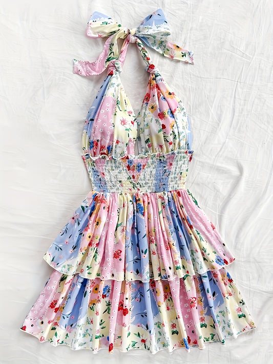 Women's Floral Print Halter Neck Dress - Lightweight Summer Dress with Ruching Detail, Machine Washable, Vibrant Spring/Summer Casual Beachwear
