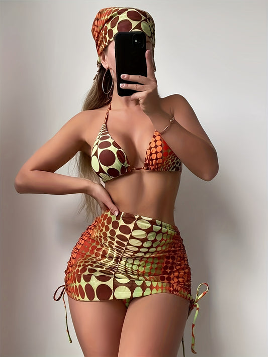 3-Piece Geometric Ombre Swimsuit Set - Stylish Halter Triangle Bikini with Adjustable Straps, Flowy Drawstring Wrap Skirt, Matching Headband, and Coordinating Heaf Scarf - Perfect for Womens Swimwear and Beachwear Occasions
