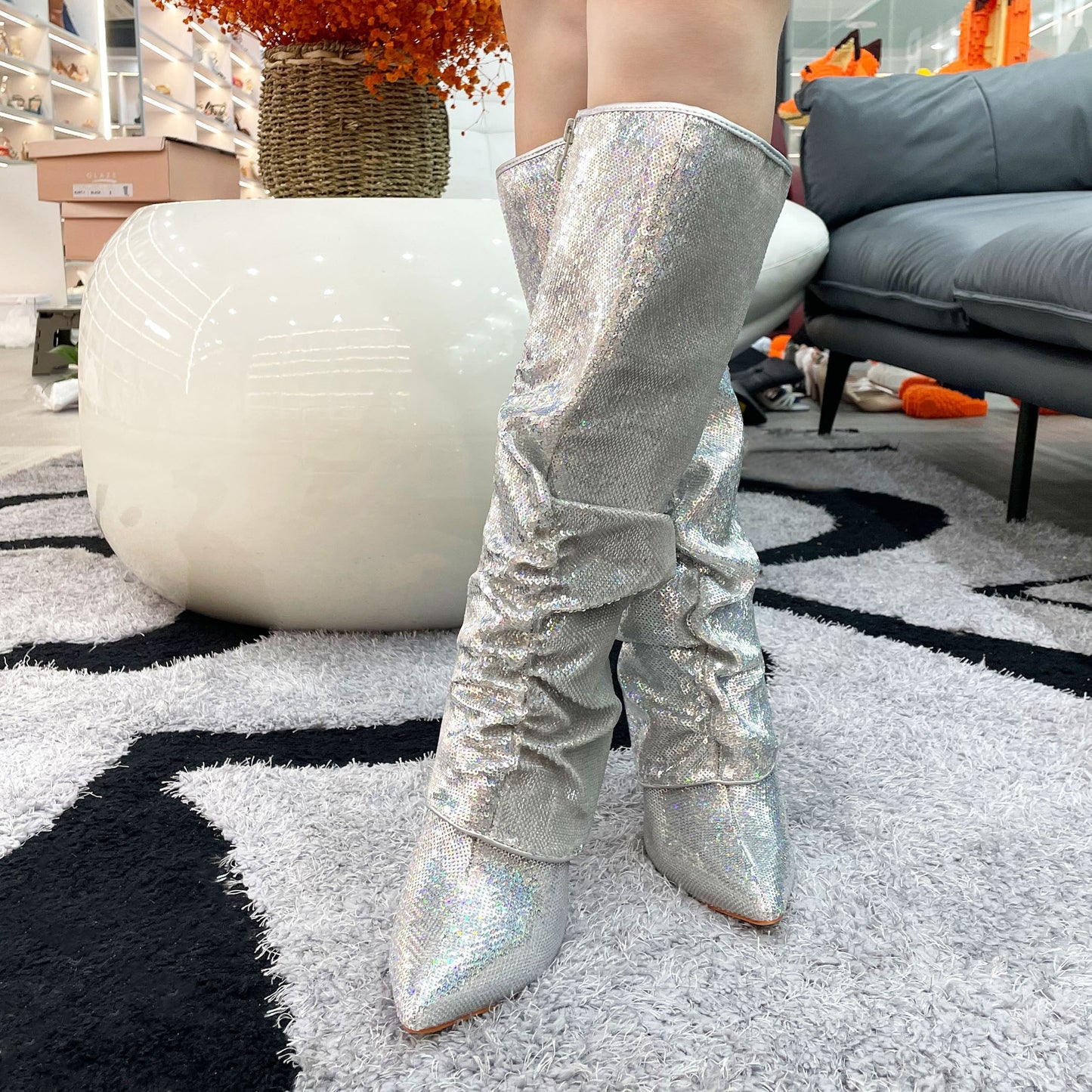 Metallic Fishnet Overlay Boots Knee High Boots Women Fold Over Knee High Boots Chunky High Heels Long Boots Zipper Pointed Toe Dress Tall Boots For Women
