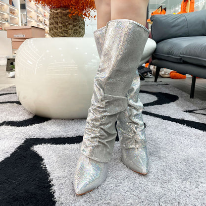 Metallic Fishnet Overlay Boots Knee High Boots Women Fold Over Knee High Boots Chunky High Heels Long Boots Zipper Pointed Toe Dress Tall Boots For Women