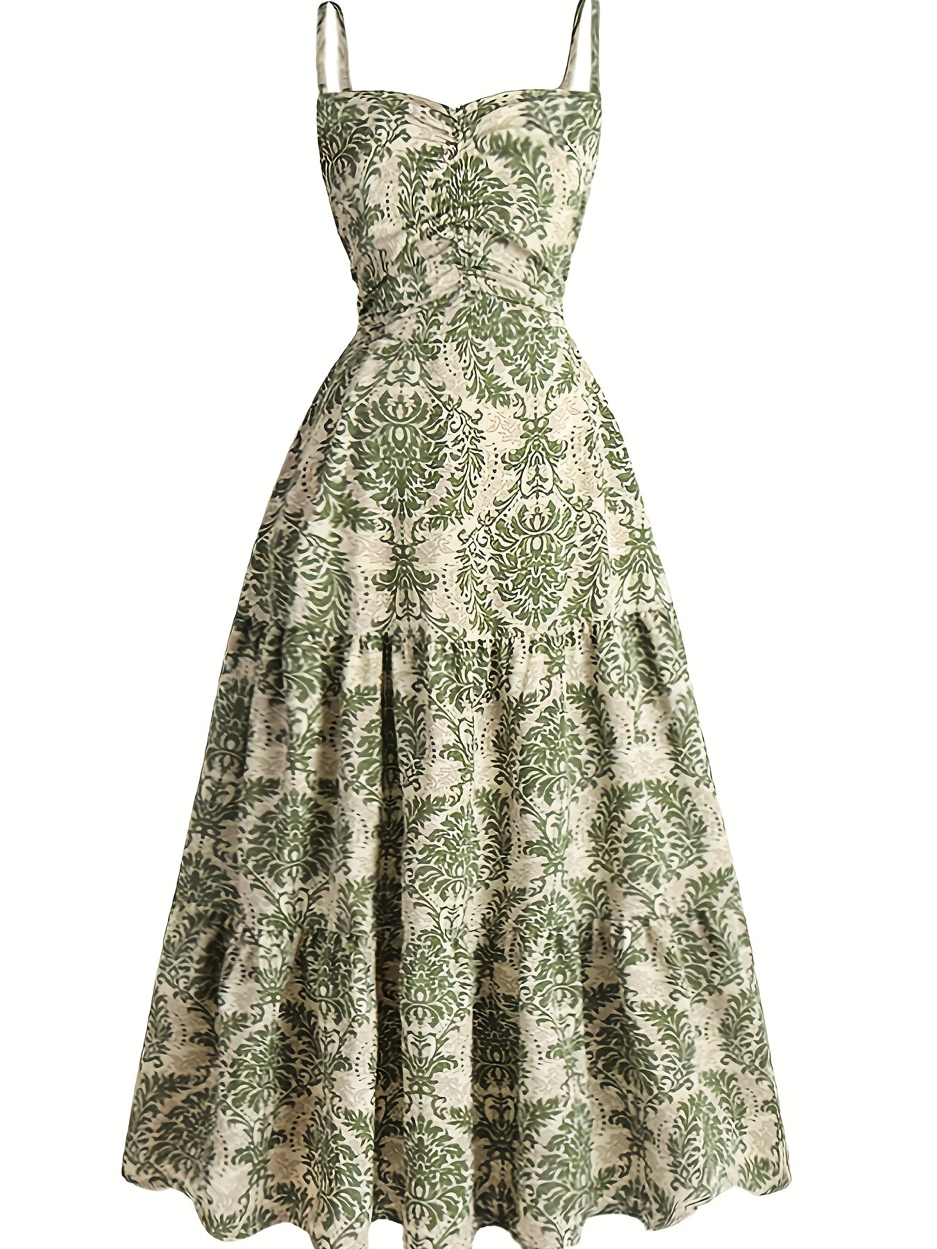 ZD122951 Floral Print Strapless Bow Back Summer Dress - A-Line Waist Accentuating Vacation Dress for Women, Polyester Blend, Green & Beige, Machine Washable, Elegant Beach & Garden Party Outfit, Beach Dresses