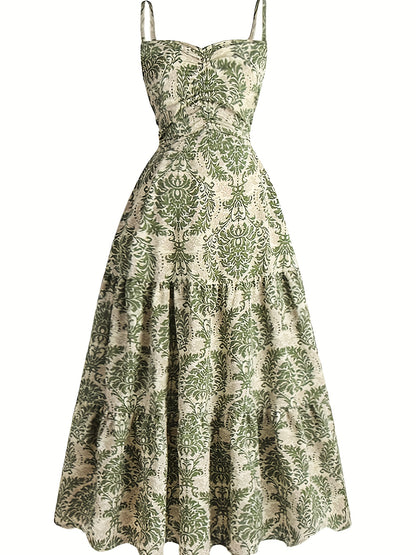 ZD122951 Floral Print Strapless Bow Back Summer Dress - A-Line Waist Accentuating Vacation Dress for Women, Polyester Blend, Green & Beige, Machine Washable, Elegant Beach & Garden Party Outfit, Beach Dresses