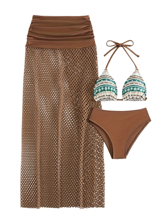 3 Piece Set Tribal Print Bikini - Halter Neck High Cut Swimsuit with Hollow Out Cover-Up Skirt, Women's Swimwear & Clothing for Beach Vacation