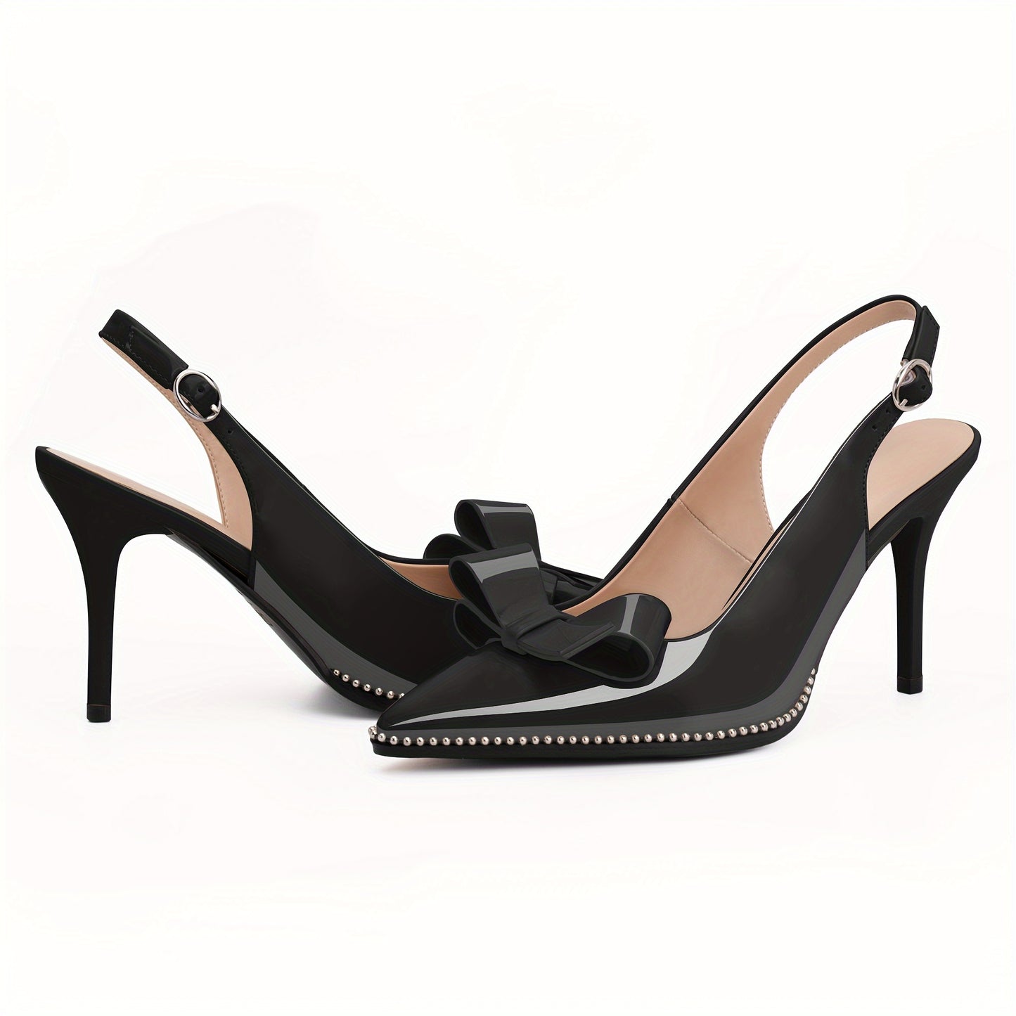 Women's Sexy Slingbacks Bow Stiletto Heels Closed Pointed Toe Pumps Bead Buckle Strap High Heels Dress Shoes