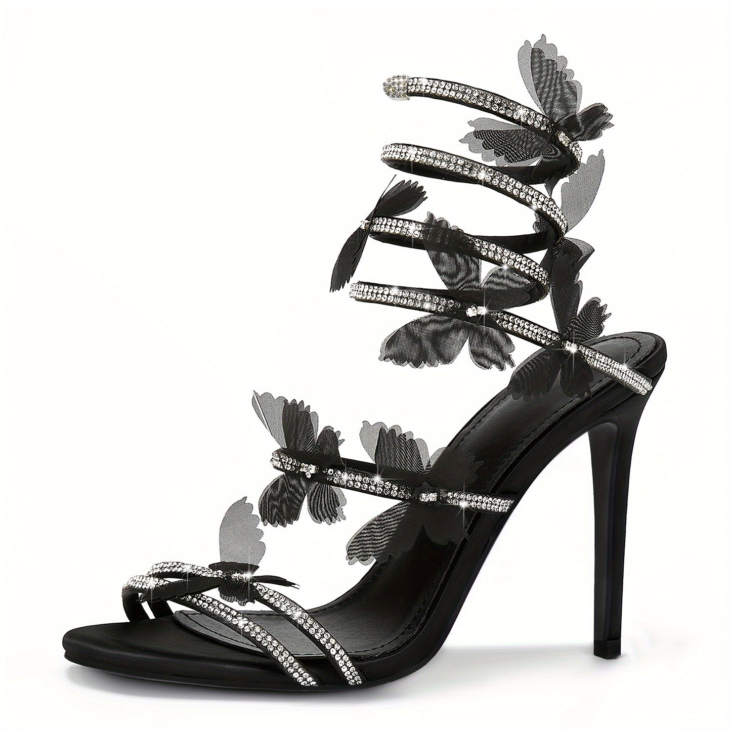Women's Butterfly Rhinestone Fine Heel Sandals Open Toe Spiral Heels Wedding Prom Dresses Sandals