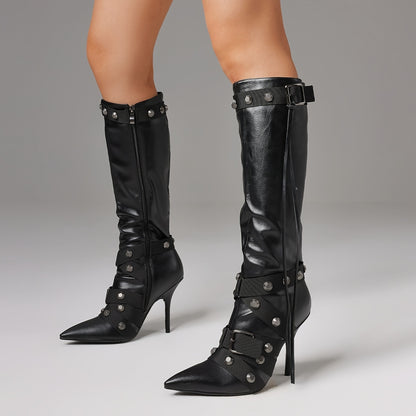 Stiletto Boots For Women, Knee High Boots Pointy Toe High Heels, Side Zipper Bucke Revets Tassel Boots, Ladies Dressy Party Boots