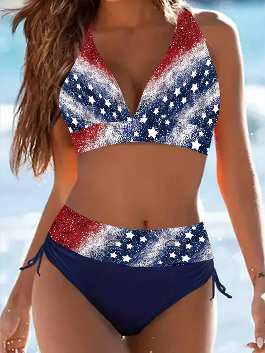 Patriotic Glitter Print Halter Neck Bikini Set, Long Sleeve Swimwear with Lace-up Detail, High Stretch Polyester & Spandex Knit Fabric, 195gsm Thickness, Conventional Bottom, American Flag Design for Swimming