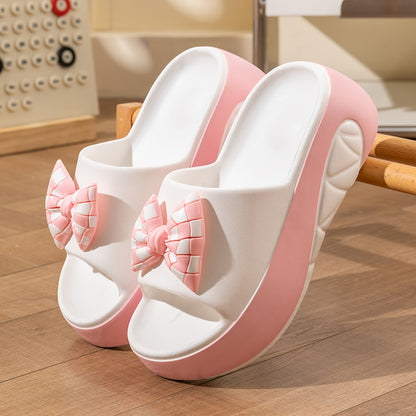 [Chic Summer Sandals] Non-Slip Thick Sole Summer Women's Slide Sandals - Chic EVA Wedge Heels with Bow Detail, Versatile Solid Color