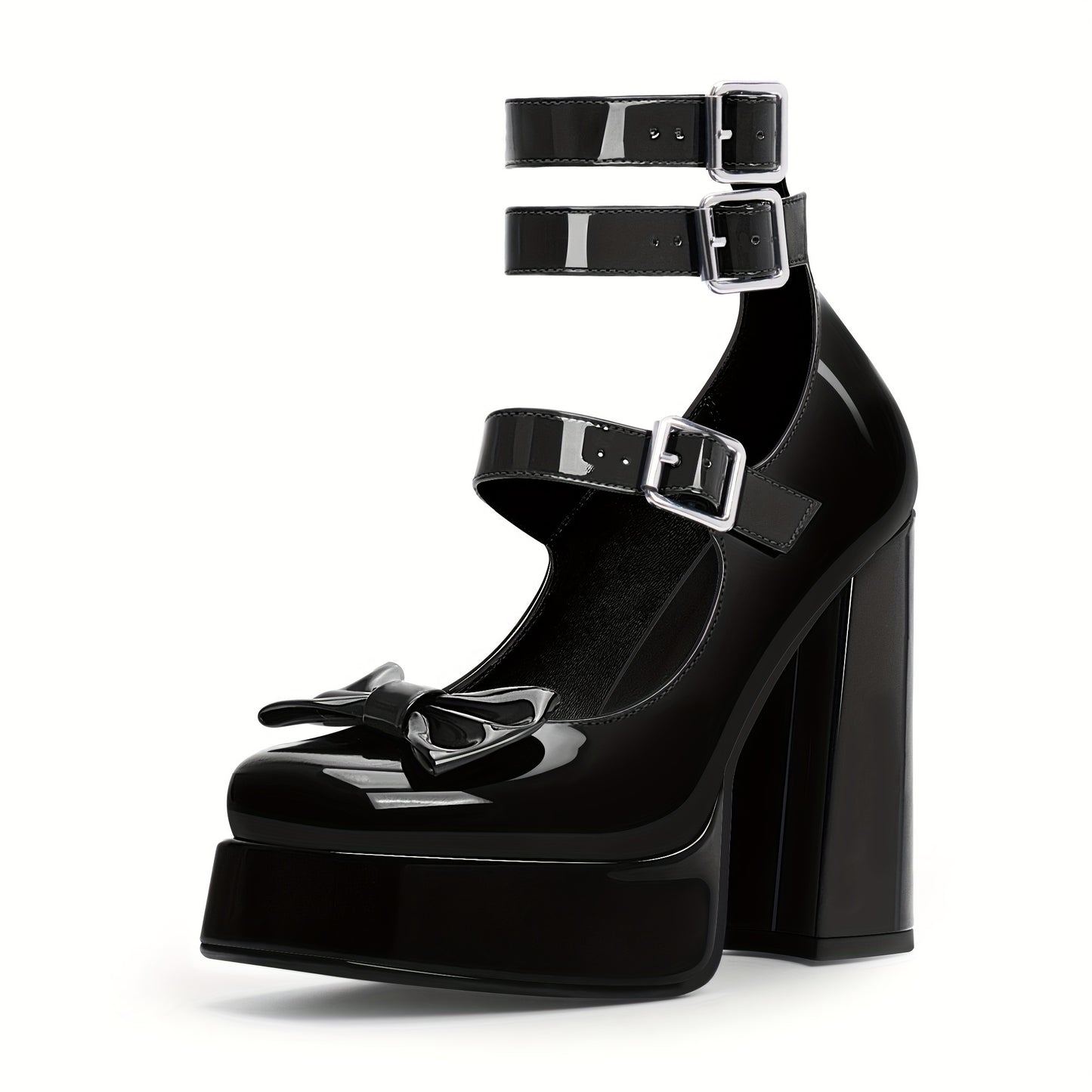 Women's Sweet Bow Platform Mary Jane Pumps Ankle Strap Closed Toe Patent Leather Block High Heels Goth Shoes