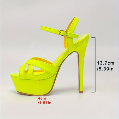 1 Pair Women'S Solid Color Platform Sandals, Round Toe Stiletto Heels with Buckle Closure, PU Upper/Inner/Sole, Non-Slip Rubber Sole, Fashionable Summer High Heels