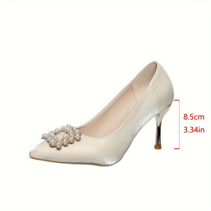 Champagne Satin Bridal Heels for Wedding 2024, Elegant French Style, Crystal Straps, Thin Heel, Comfortable, Multi-Season