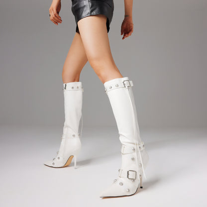 Stiletto Boots For Women, Knee High Boots Pointy Toe High Heels, Side Zipper Bucke Revets Tassel Boots, Ladies Dressy Party Boots