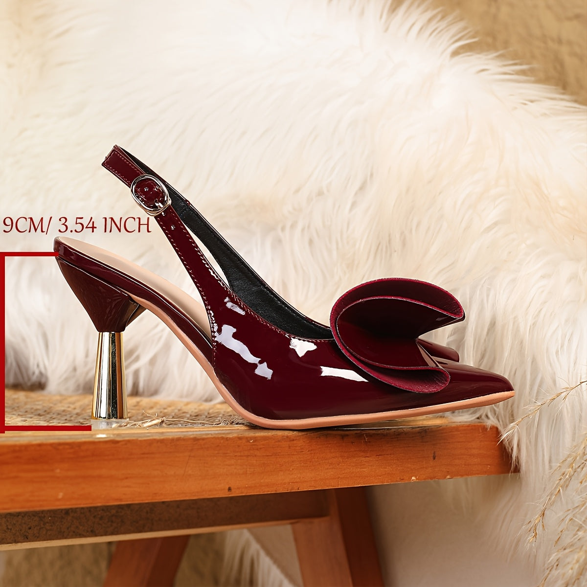 Elegant Women's Pointed-Toe High Heels with Floral & Bowknot Decor - Glossy Burgundy Faux Cover Pumps for Weddings, Parties & Formal Events, Ankle Strap Closure, All-Season Wear, Stiletto Heels