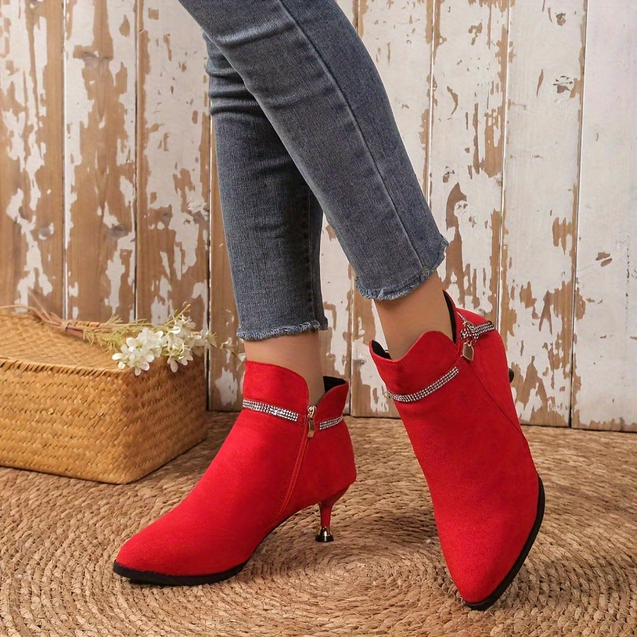 [Metal Buckle Ankle Boots] Velour Thick Pointed Mid-Heels Metal Buckle Ankle Boots - Autumn and Winter Fashion Women's Boots