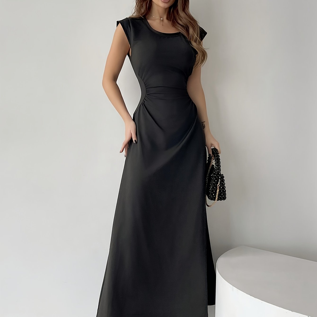 Elegant Peplum Maxi Dress for Women - Polyester Blend, Crew Neck, Solid Color, Sleeveless, Woven Summer Dress