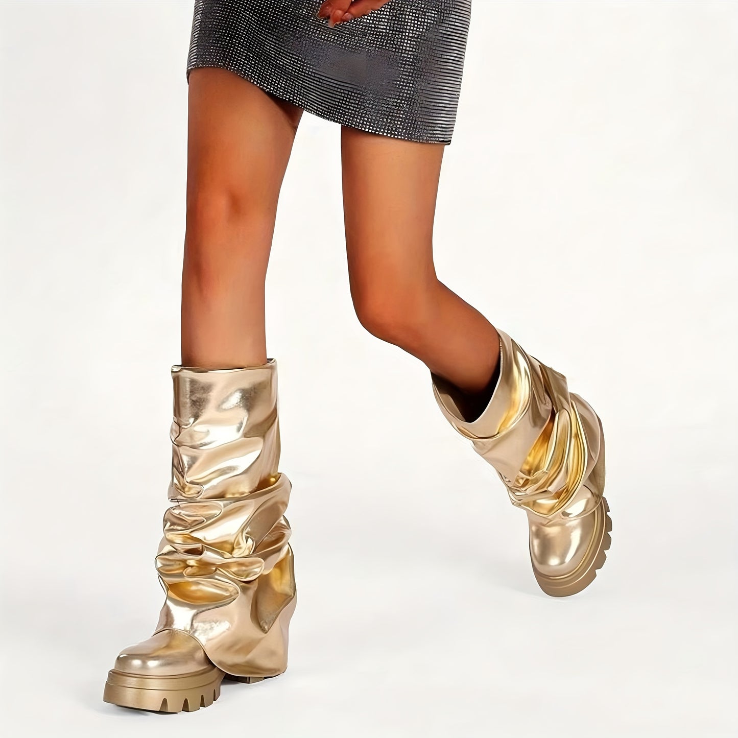 Women's Platform Knee High Boots Fashion Pleated Chunky High Heels Round Toe Fold Over Pull On Slouchy Shark Boots