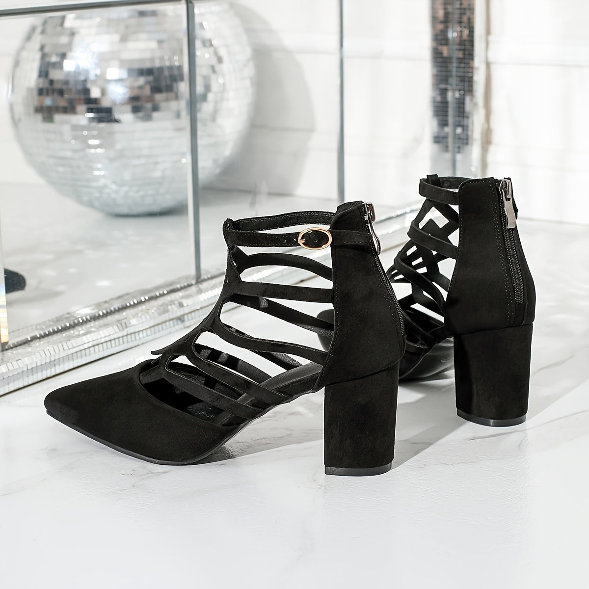 Chic Black Pointed-Toe High Heels for Women - Sexy Hollow-Out Design, Comfortable Chunky Heel Pumps with Velvet Upper & Rubber Sole