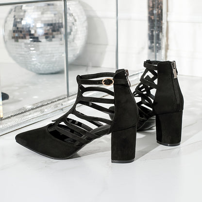 Chic Black Pointed-Toe High Heels for Women - Sexy Hollow-Out Design, Comfortable Chunky Heel Pumps with Velvet Upper & Rubber Sole