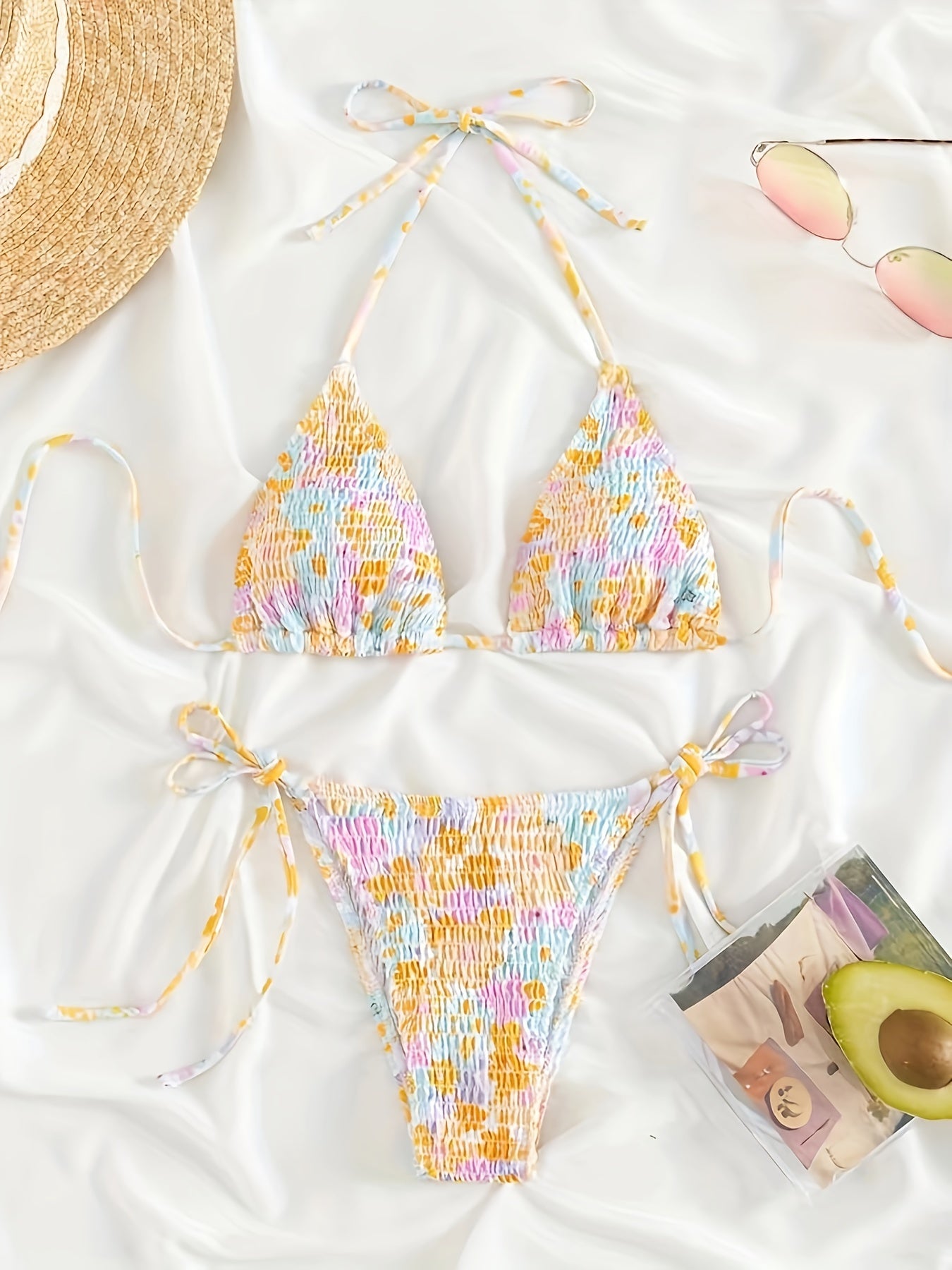 Floral Print Shirred Halter 2 Piece Set Bikini, Triangle Tie Strap Stretchy Swimsuits, Women's Swimwear & Clothing