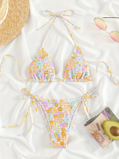 Floral Print Shirred Halter 2 Piece Set Bikini, Triangle Tie Strap Stretchy Swimsuits, Women's Swimwear & Clothing